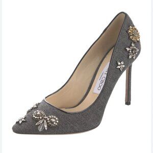 Jimmy Choo Women Wool Grey Crystal Embellishments Charm Pumps Heels Shoes 38 8